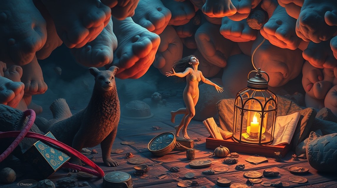 Eine nackte Frau tanzt in einer surrealen Umgebung mit einem Tier und einer Laterne.