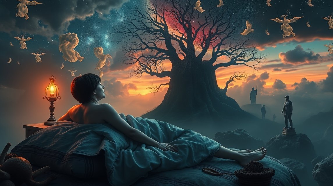 Eine Person liegt im Bett und schaut in eine traumhafte Landschaft mit einem großen Baum und schwebenden Figuren.