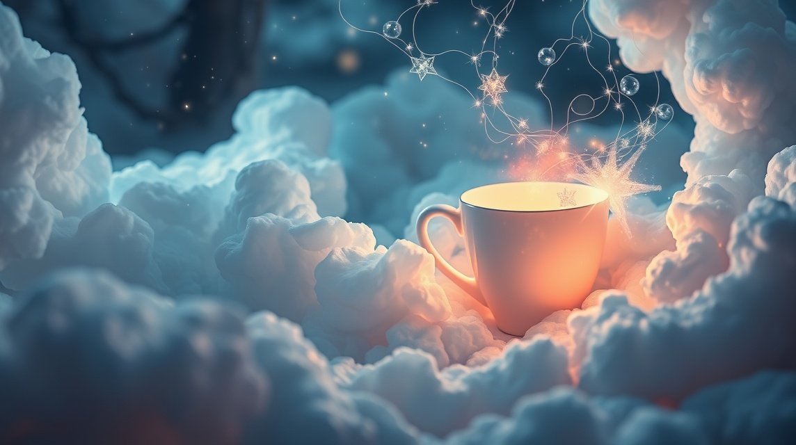 Eine Tasse steht inmitten von weichen, leuchtenden Wolken und funkelt magisch.