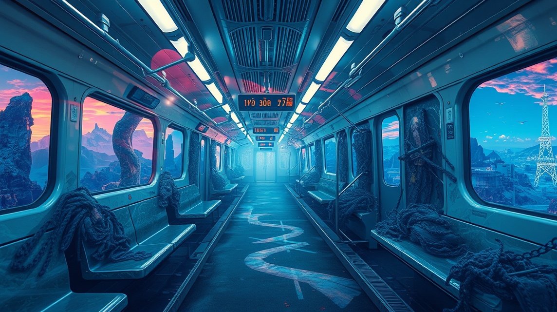 Ein futuristischer U-Bahn-Wagen mit leeren Sitzen und einer surrealen Landschaft im Hintergrund.