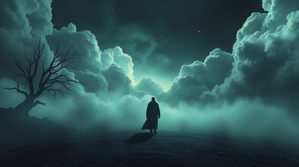 Ein Mann in einem langen Mantel steht vor einer mystischen Wolkenlandschaft.