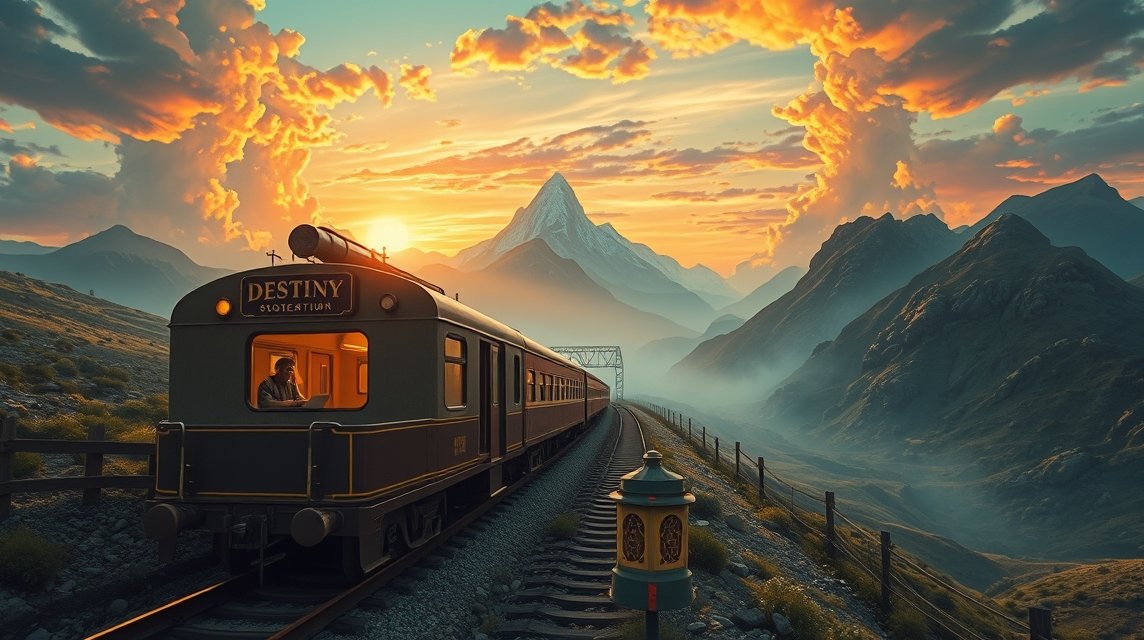 Ein nostalgischer Zug fährt durch eine malerische Berglandschaft bei Sonnenuntergang.