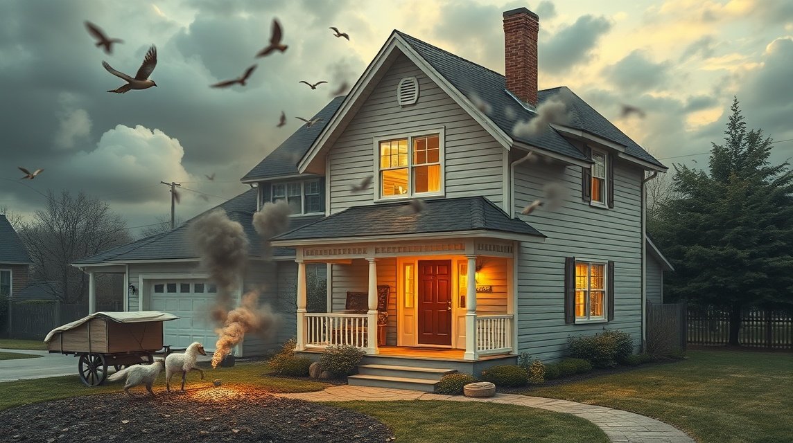 Ein gemütliches Haus mit warmem Licht, umgeben von Vögeln und Rauch.