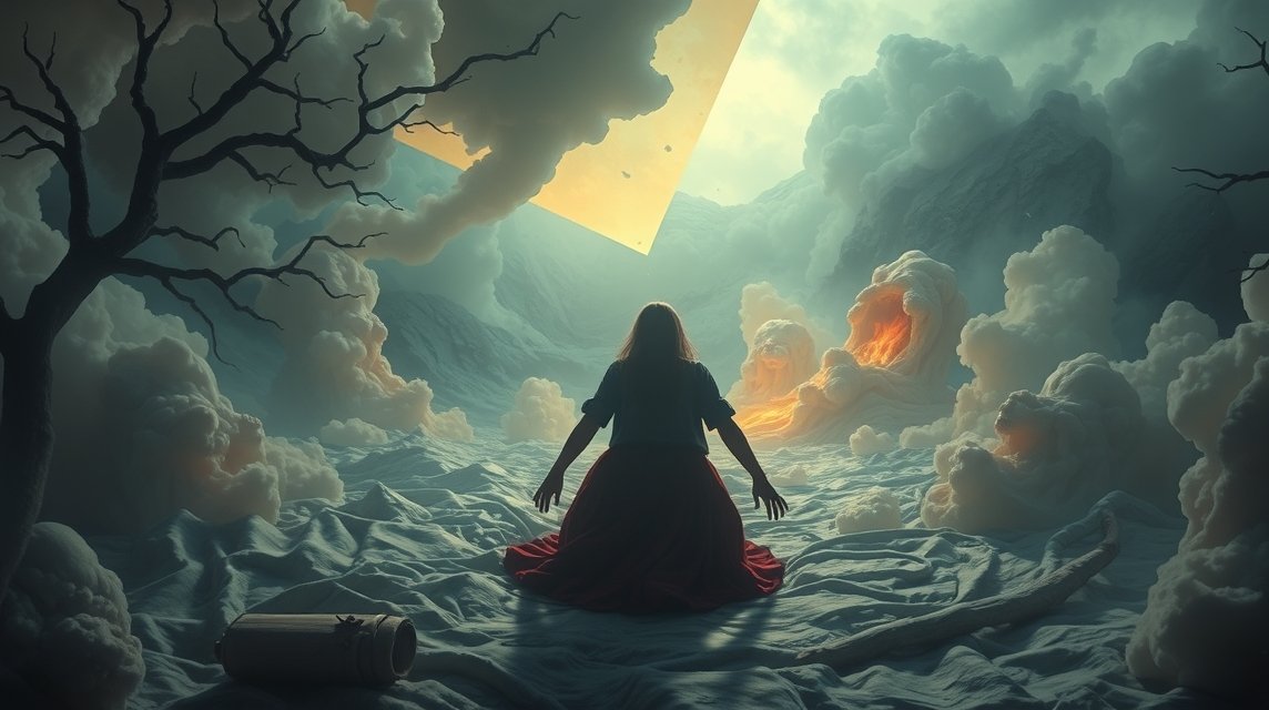 Eine Frau sitzt in einer surrealen Landschaft mit Wolken und einem leuchtenden Quadrat.