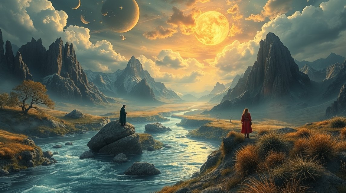Eine traumhafte Landschaft mit Bergen, einem Fluss und zwei Figuren in mystischer Umgebung.