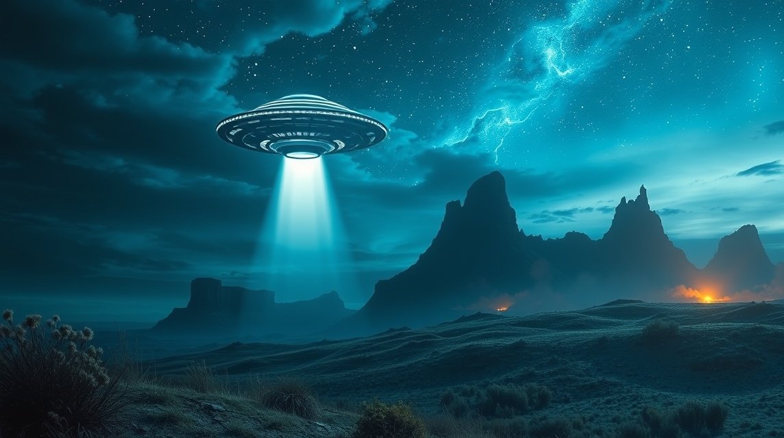 Ein UFO schwebt über einer mystischen Landschaft unter einem sternenklaren Himmel.