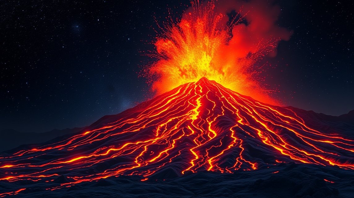 Ein aktiver Vulkan spuckt glühende Lava und Asche unter einem sternenklaren Himmel.