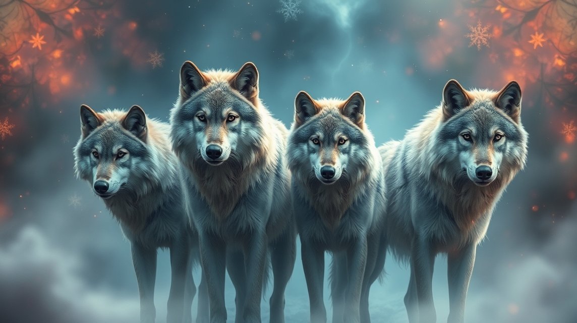 Vier Wölfe stehen in einer mystischen, nebligen Umgebung mit sanften Lichtern.