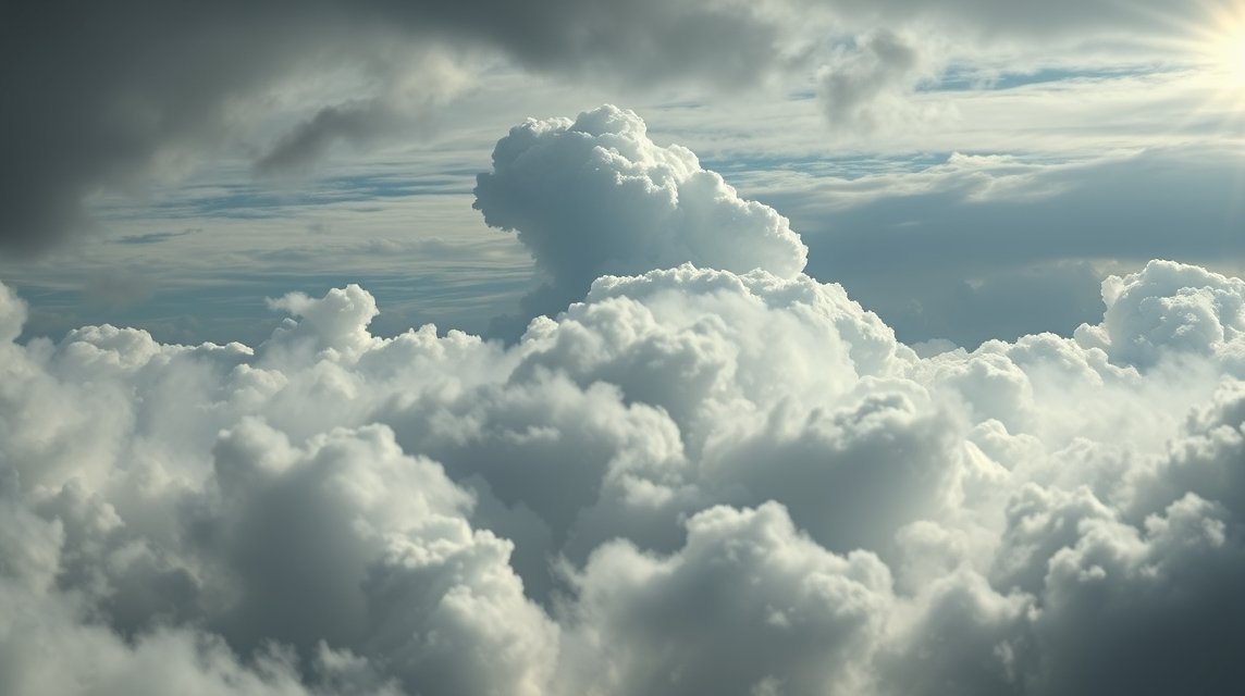 Eine weiche Wolkendecke mit verschiedenen Grautönen und einem Hauch von Licht.