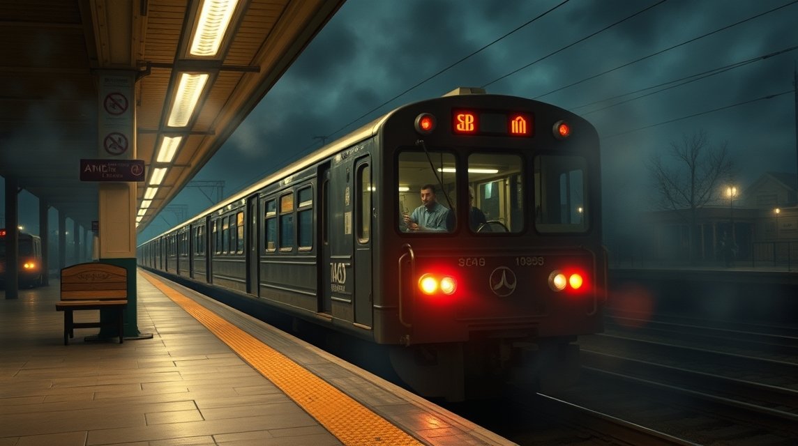 Ein Zug hält an einem beleuchteten Bahnhof in der Dämmerung.