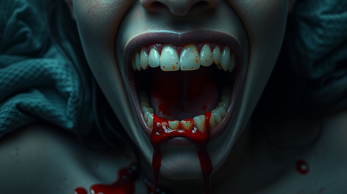 Eine offene Mundaufnahme mit blutigen Zähnen und tropfendem Blut.