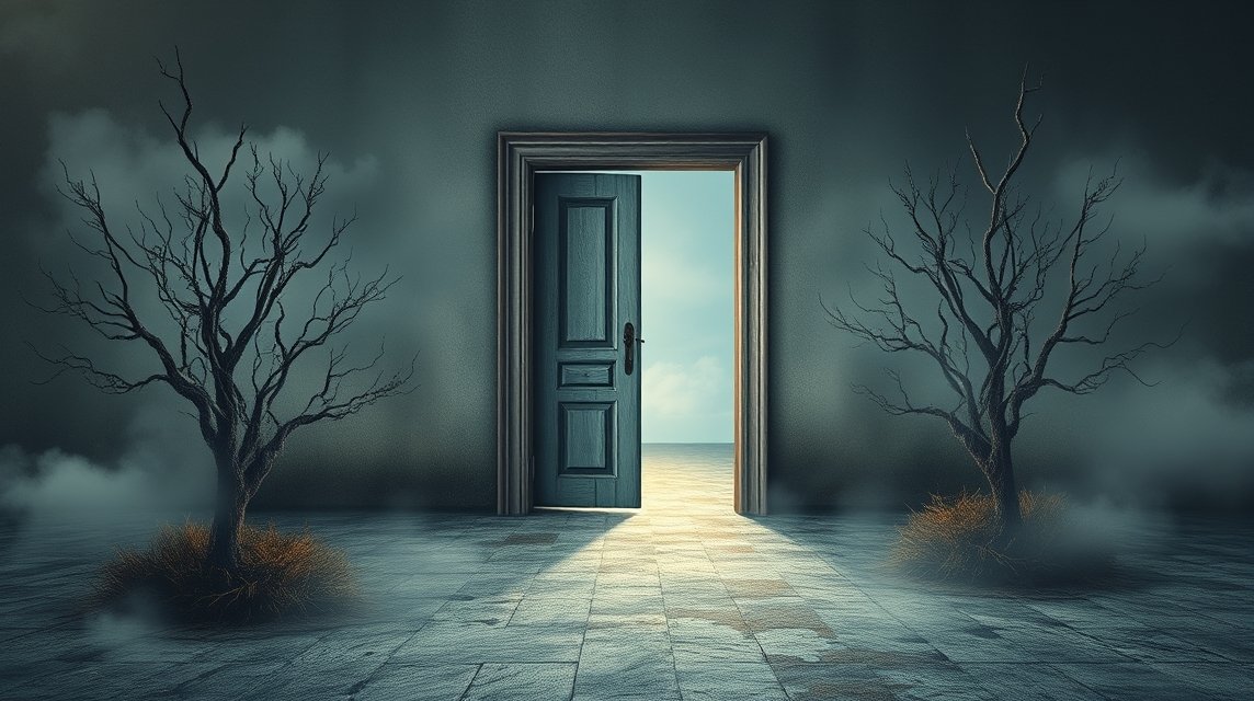 Eine offene Tür in einem düsteren Raum, umgeben von kahlen Bäumen und Nebel.
