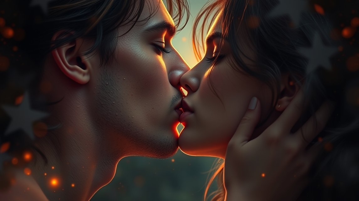 Ein Paar küsst sich leidenschaftlich in einem romantischen Licht.