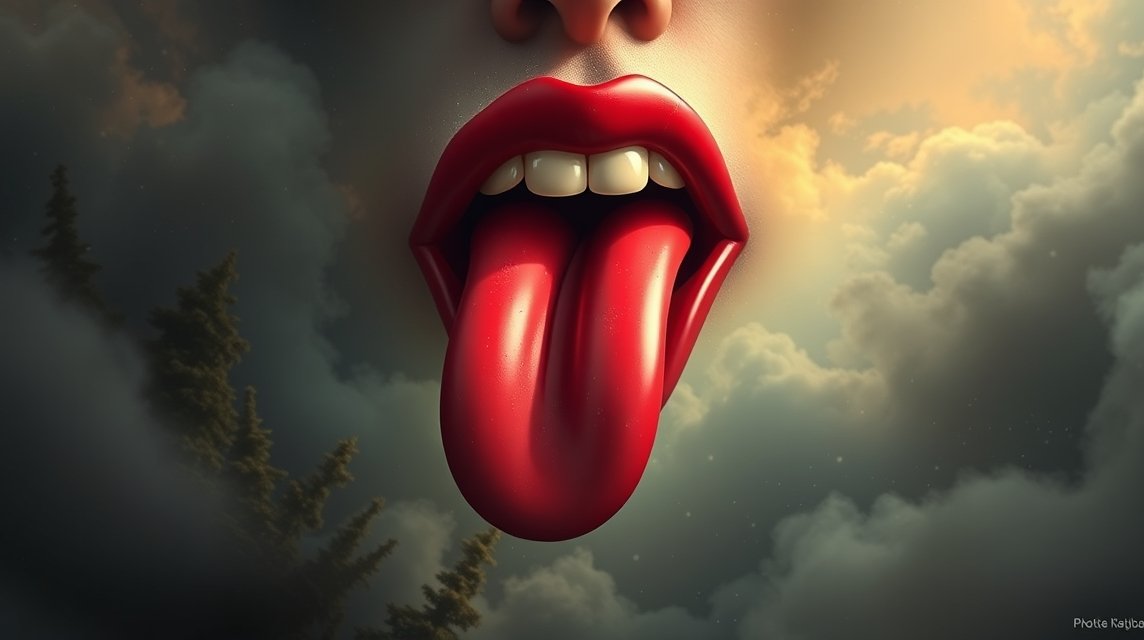 Ein offener Mund mit einer langen, roten Zunge vor einem nebligen Hintergrund.