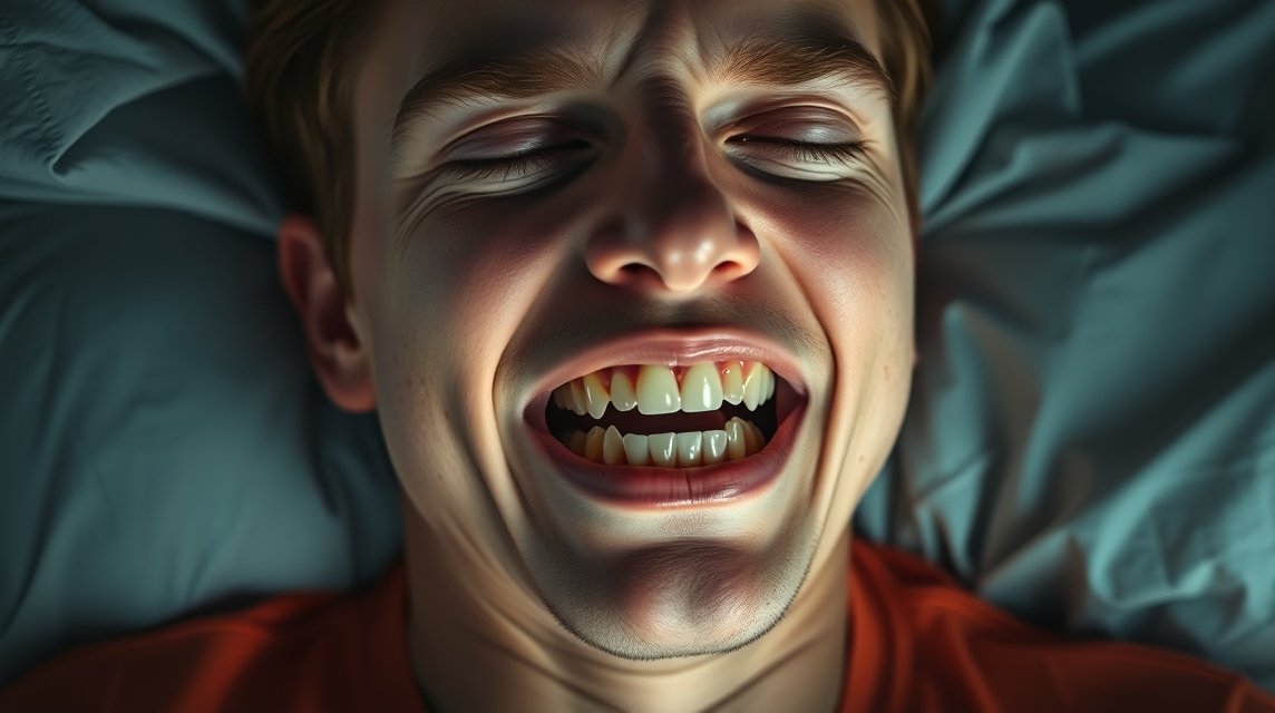 Ein junger Mann lacht im Schlaf, während er auf einem Kissen liegt.