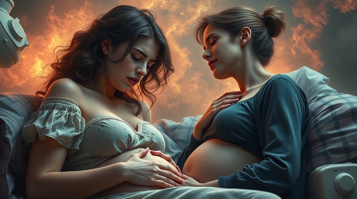 Zwei schwangere Frauen sitzen auf einem Bett und berühren sanft ihre Bäuche.