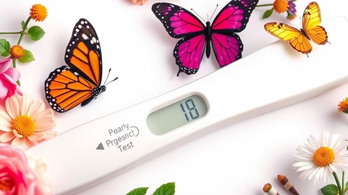 Ein Schwangerschaftstest mit der Zahl 18, umgeben von bunten Schmetterlingen und Blumen.
