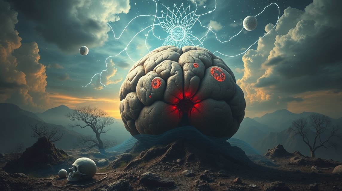 Eine surrealistische Darstellung eines riesigen Gehirns mit leuchtenden Elementen in einer mystischen Landschaft.