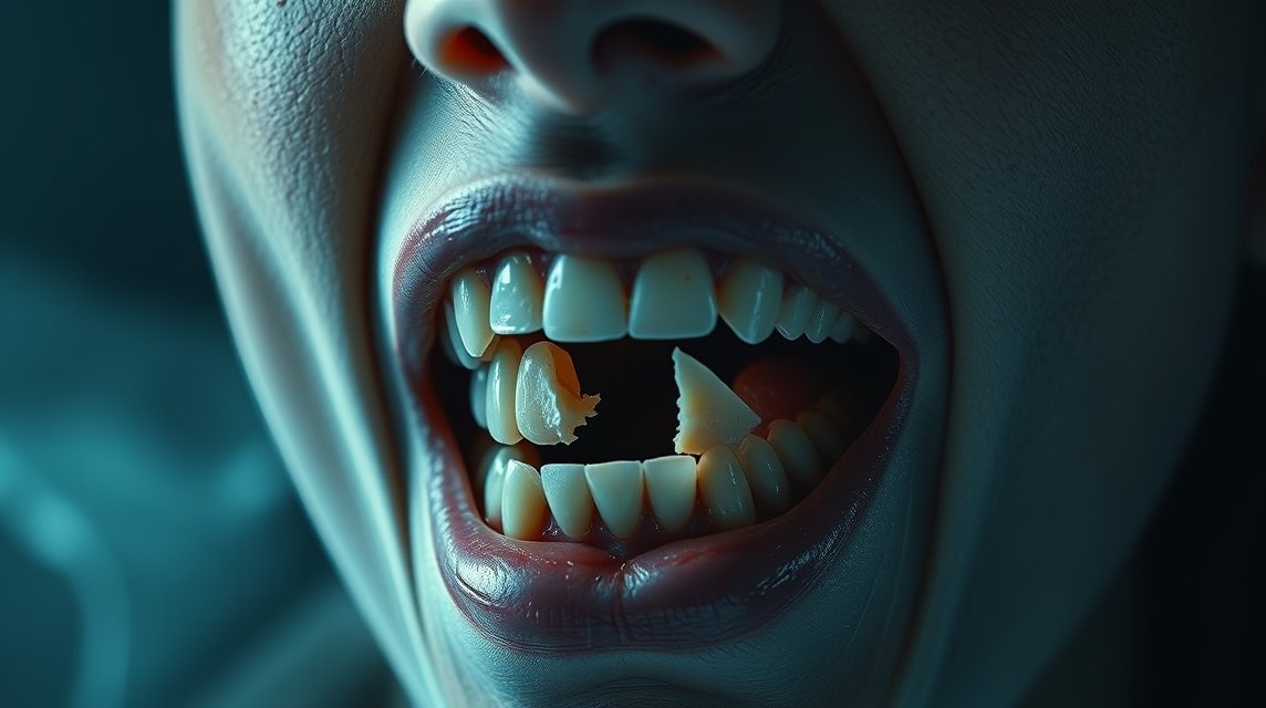 Ein offener Mund mit weißen Zähnen und kleinen Stückchen, die sichtbar sind.