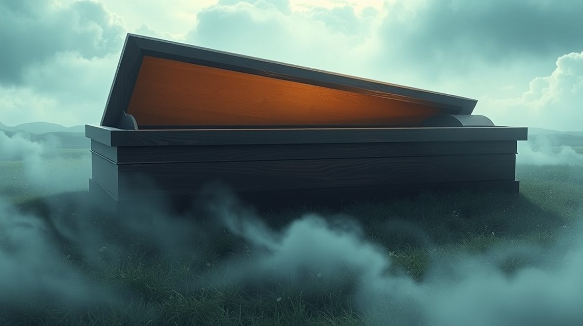 Ein offener Sarg steht in einer nebligen Landschaft unter bewölktem Himmel.