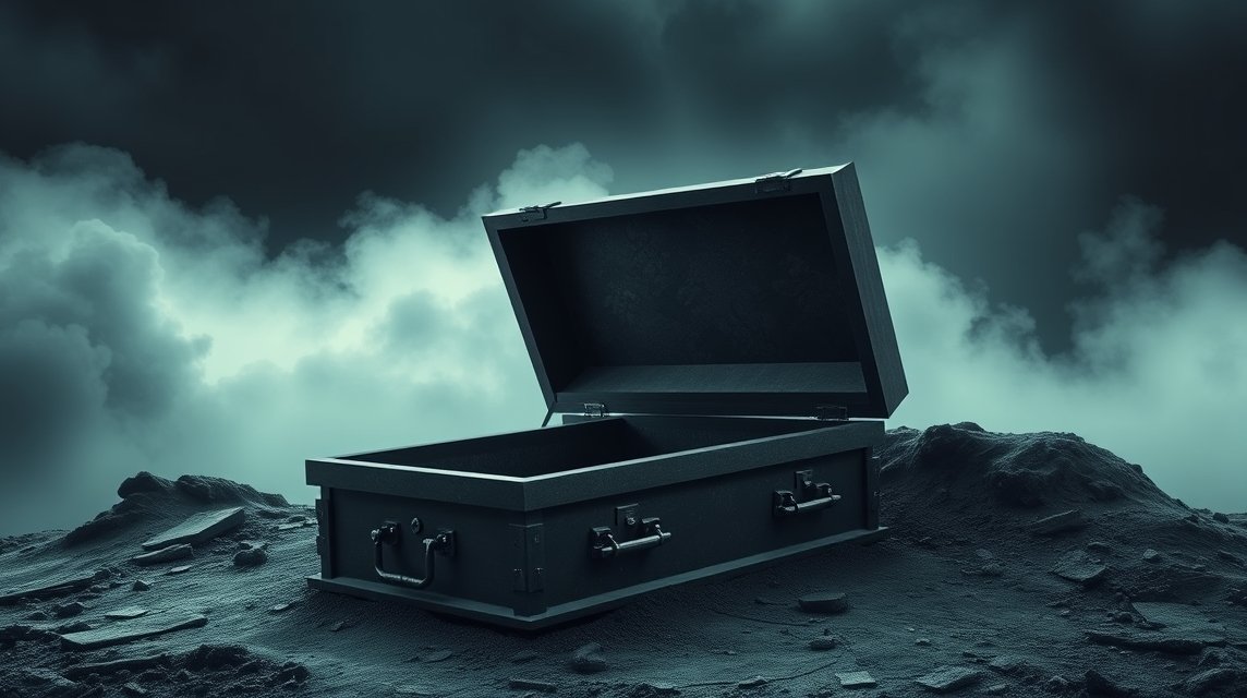 Ein offener Sarg steht auf einem düsteren, nebligen Boden.