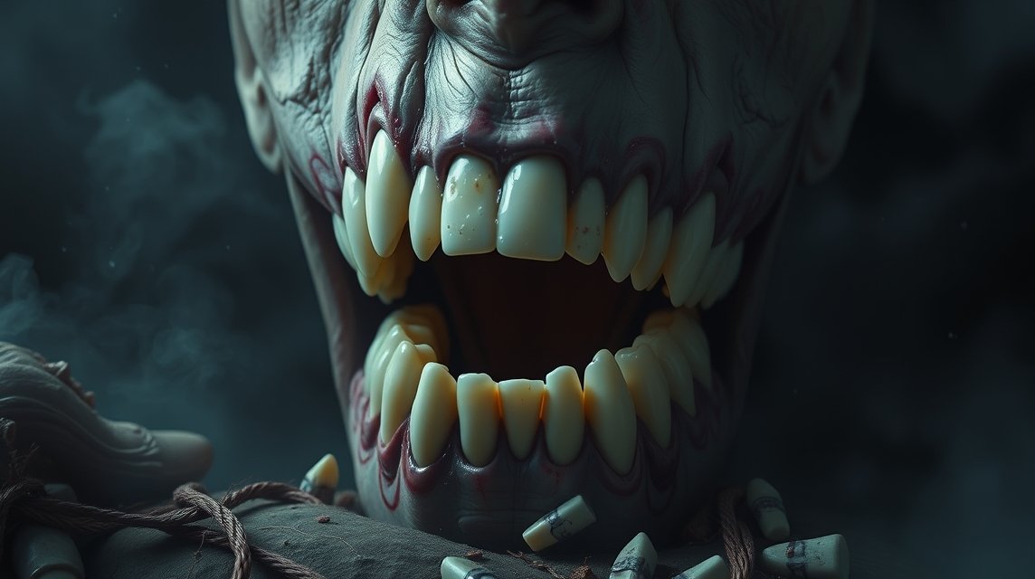 Ein gruseliges, verzerrtes Gesicht mit scharfen Zähnen und einem weit geöffneten Mund.