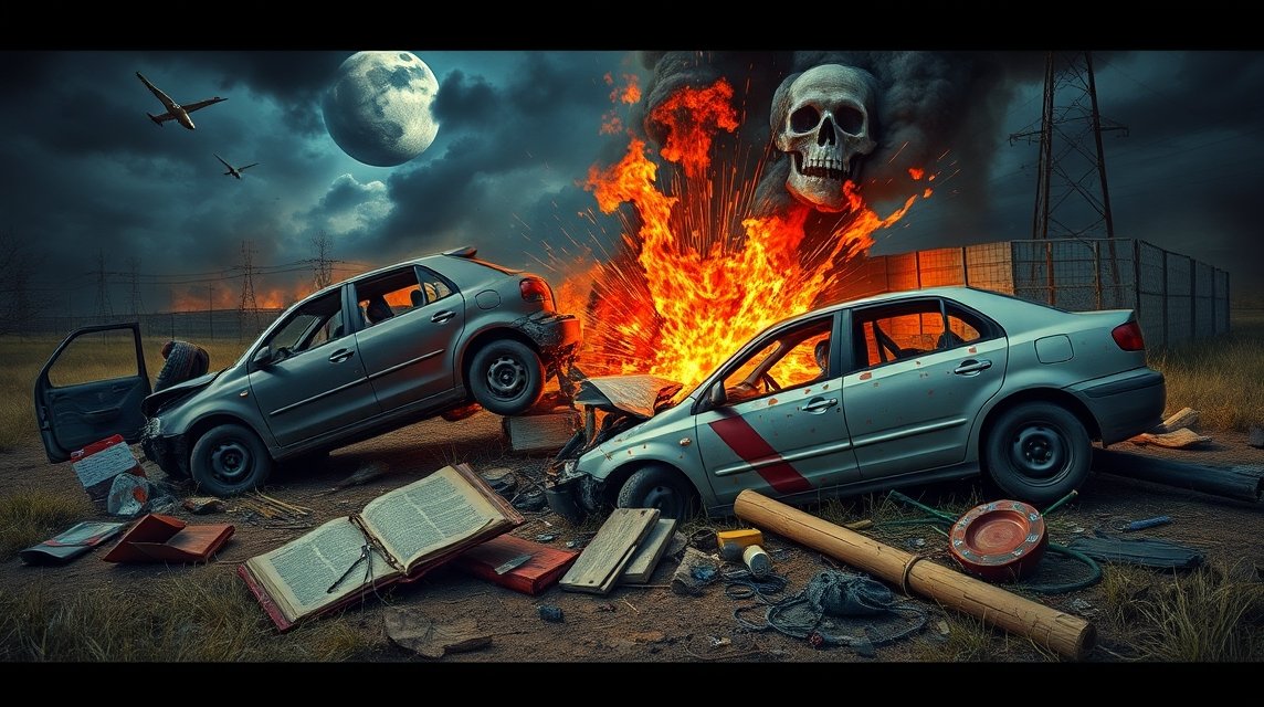 Zwei beschädigte Autos stehen vor einer Explosion unter einem Vollmond.