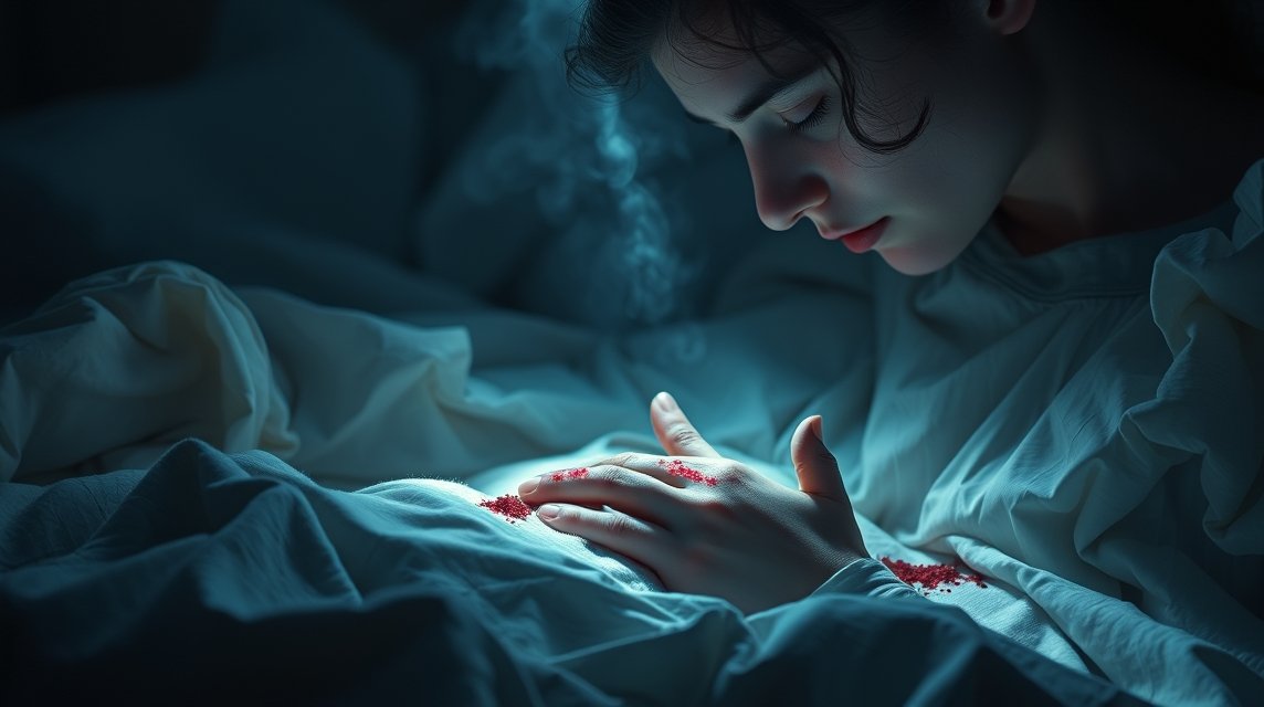 Eine nachdenkliche Frau liegt im Bett und betrachtet ihre Hand mit roten Spuren.