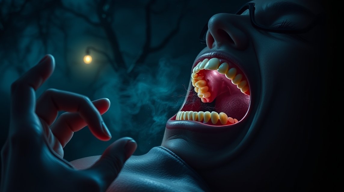 Eine Person mit weit geöffnetem Mund, die Zähne sind sichtbar und Rauch tritt aus.