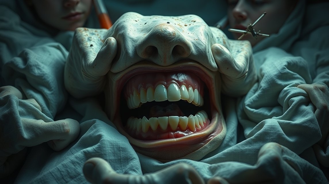 Ein groteskes Gesicht mit einem weit geöffneten Mund und weißen Zähnen, umgeben von Decken.