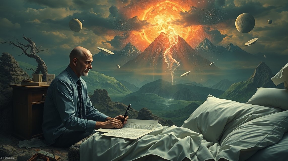 Ein Mann sitzt auf einem Bett und schreibt in ein Buch, während ein Vulkan ausbricht.