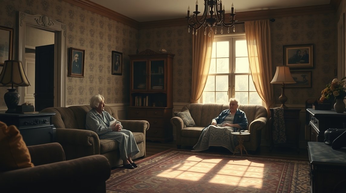Zwei ältere Frauen sitzen in einem hellen, gemütlichen Wohnzimmer.