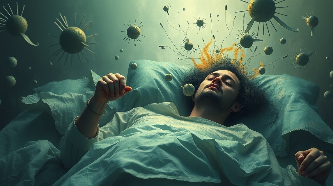 Ein schlafender Mann mit wirbelnden, mikroskopischen Organismen über ihm.