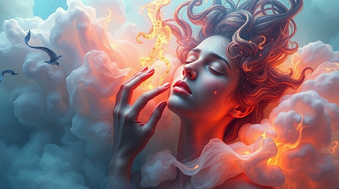 Eine Frau mit geschlossenen Augen, umgeben von bunten Wolken und Flammen.