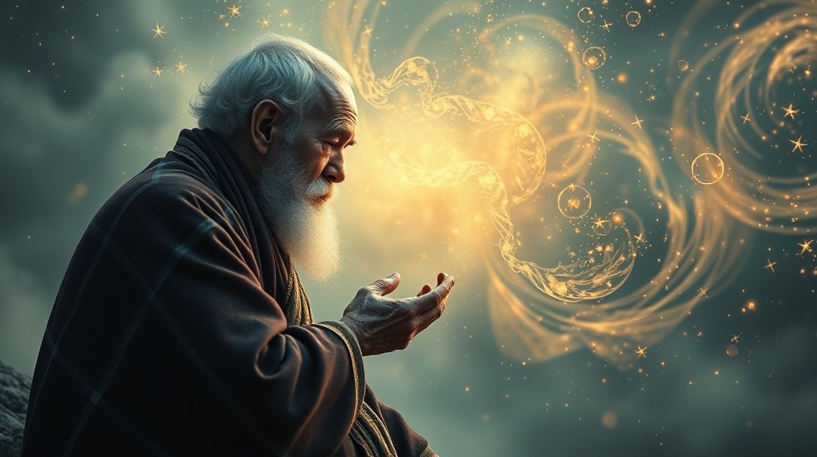 Ein weiser alter Mann mit Bart, der nachdenklich in die Luft schaut, umgeben von leuchtenden, magischen Mustern.