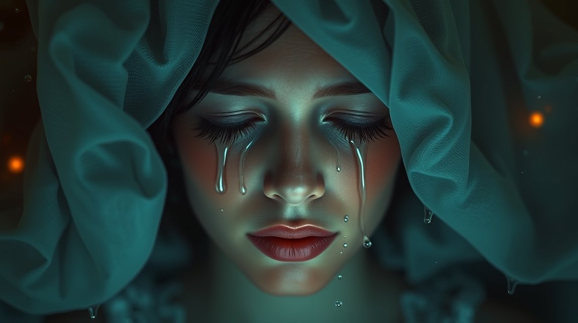 Eine weinende Frau mit einem Tuch über dem Kopf, Tränen fließen über ihr Gesicht.