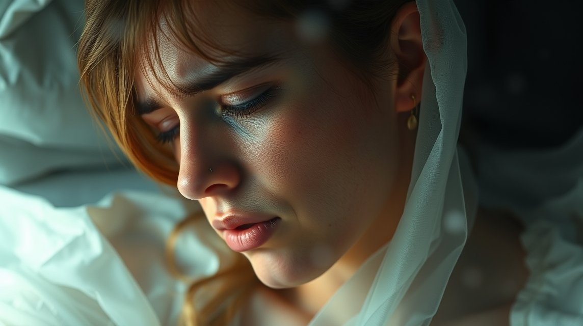 Eine nachdenkliche Frau mit sanften Gesichtszügen und einem Schleier, die in die Ferne blickt.