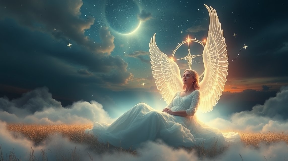 Eine Frau mit Engelsflügeln sitzt in einer traumhaften Landschaft unter einem Sternenhimmel.