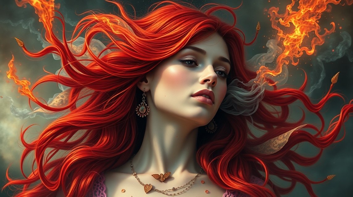 Eine Frau mit rotem Haar, umgeben von mystischen Flammen und Rauch.