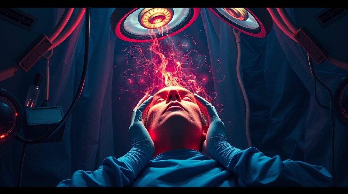 Eine Person in einem OP-Saal mit leuchtenden Lichtern und Händen am Kopf.