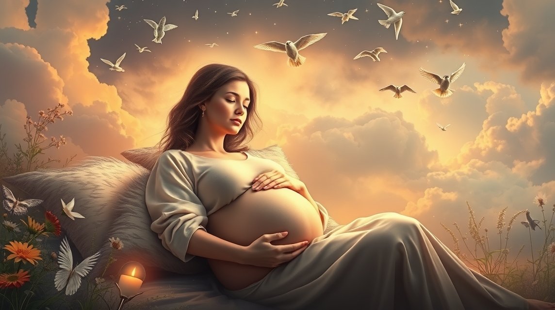 Eine schwangere Frau sitzt in einer traumhaften Landschaft mit Vögeln und Wolken.
