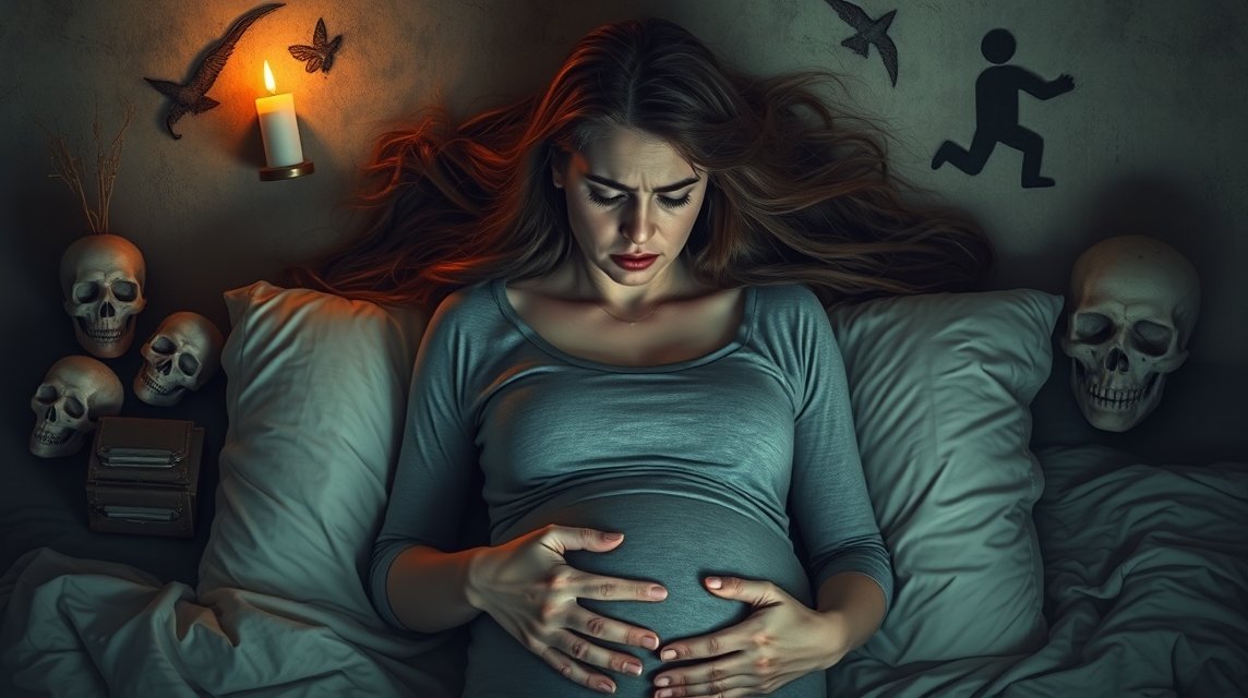 Eine schwangere Frau liegt im Bett und schaut besorgt auf ihren Bauch.