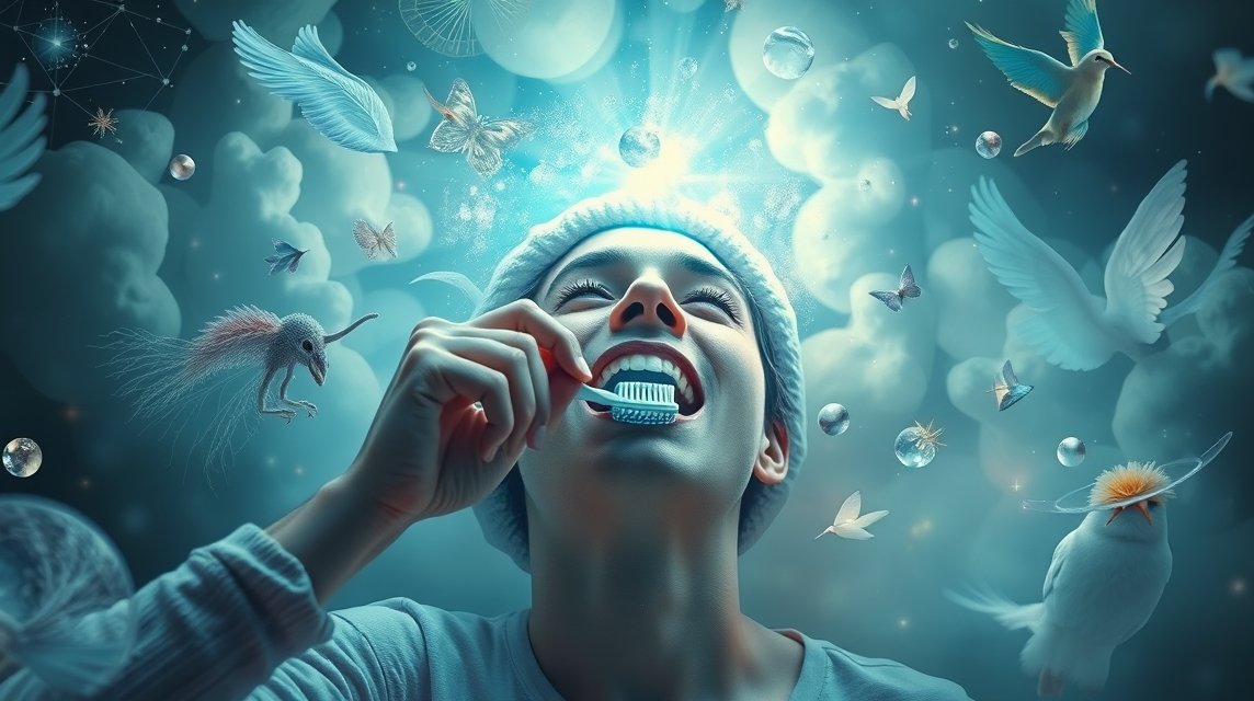 Eine Person putzt fröhlich ihre Zähne, umgeben von surrealen Traumsymbolen.