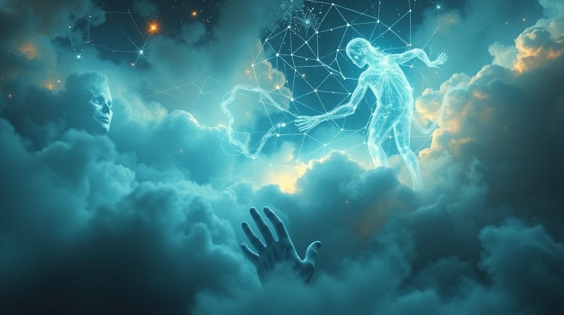 Eine schimmernde menschliche Gestalt greift nach einer anderen in einer traumhaften Wolkenlandschaft.