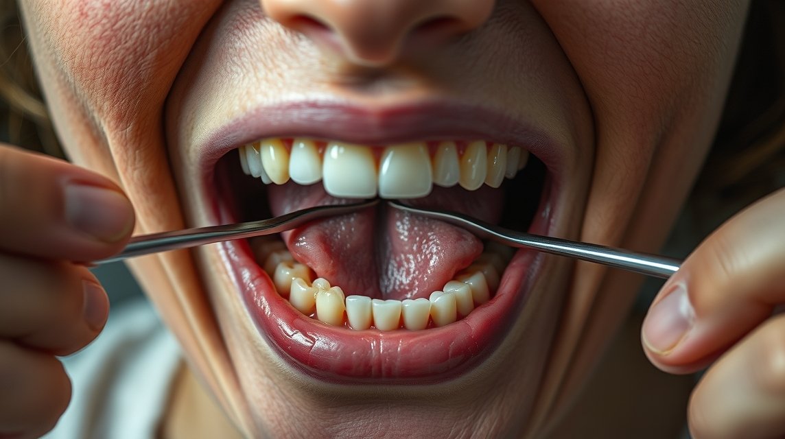 Eine Person zeigt ihr offenes Maul mit einem Zahnarztwerkzeug im Mund.